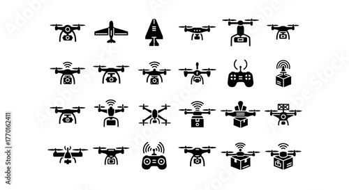 Collection of drone and UAV solid icons. Includes quadcopter, remote control, and delivery drone symbols for modern technology graphics