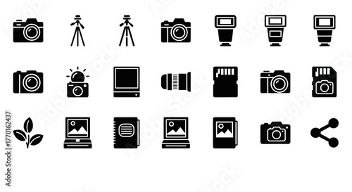 Collection of solid black glyph icons representing photography equipment, digital media workflows, and creative visual concepts for web UI