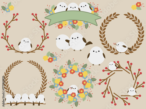 かわいいシマエナガと植物のフレームセット