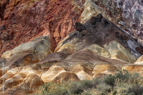 Colorful Mineral Striations in the Eroded Hills of Mazarron Mines, Murcia, Spain
