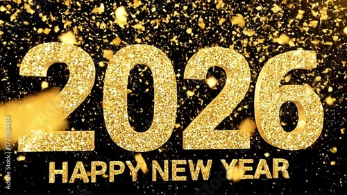 Happy new year 2026 golden glitter celebration background festive holidays party christmas eve countdown