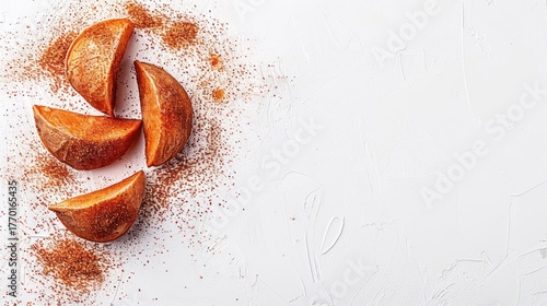 Cut Orange Slices with Vibrant Skin and a Dusting of Red Spice on a Light Textured Background
