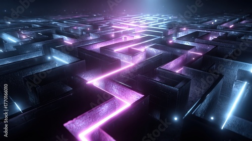 Futuristic neon holographic maze challenge in a high-tech environment digital art virtual reality 3d perspective