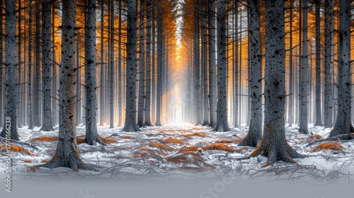 Forest Scene with Tall Trees and Soft Light Filtering Through Orange Leaves in Winter Landscape