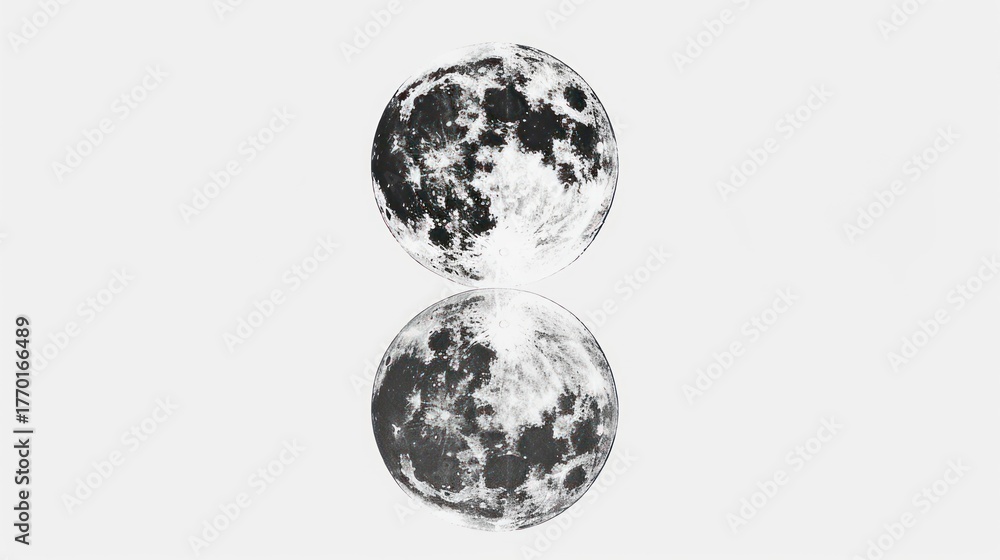 Obraz premium Black and white moon reflection on calm surface showcasing lunar details and textures in a serene and tranquil atmosphere
