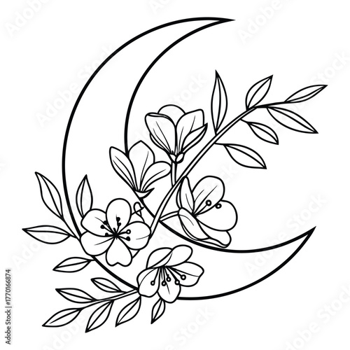 Lunar Moon and Flowers Whimsical Floral Crescent Moon