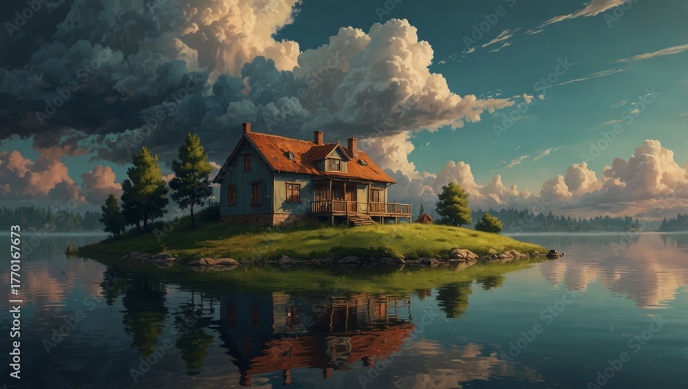 Fototapeta premium Rustic house with a red roof on a small grassy island in a calm lake reflecting under a dramatic sky with fluffy clouds