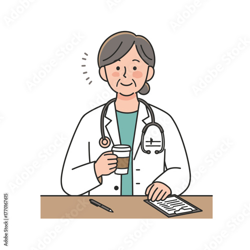 Smiling doctor with coffee cup and stethoscope wearing white coat.