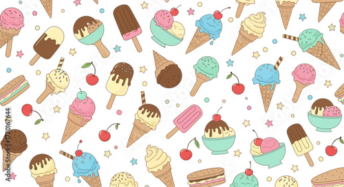 A vibrant seamless pattern featuring a variety of colorful ice cream cones, popsicles, sundaes, and sandwiches, adorned with playful stars and cherries on a white background.
