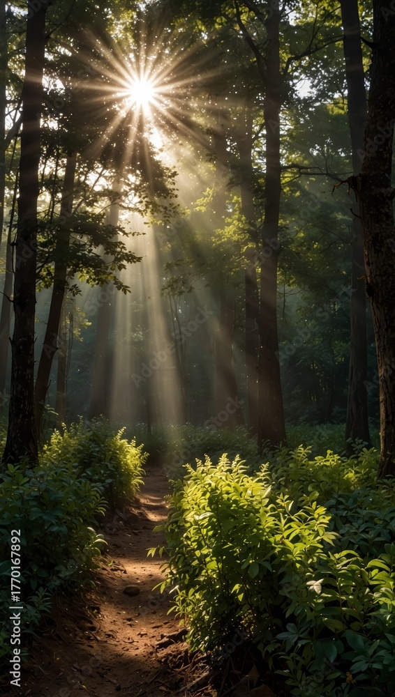 Fototapeta premium Radiant sunbeams penetrate a dense forest canopy illuminating a winding dirt path lined with vibrant green foliage