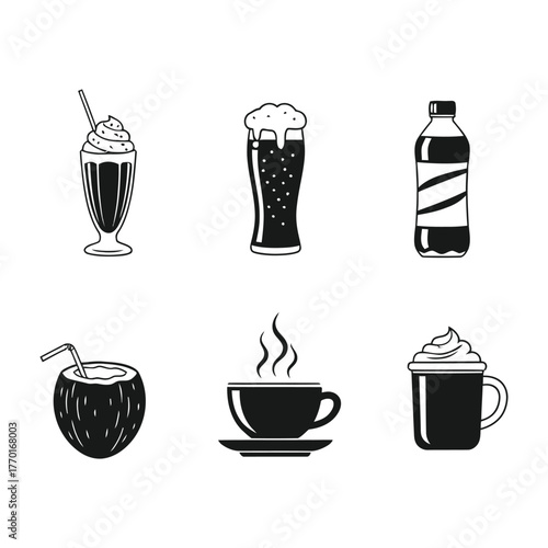 Hand drawn black and white beverage icons set for drinks and refreshments