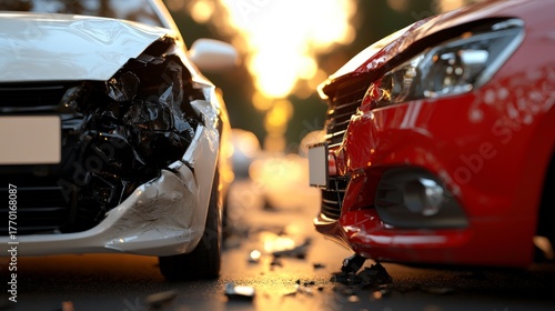 Multi-Car Collision on Urban Street at Sunset, Focus on Damaged Vehicles and Road Debris