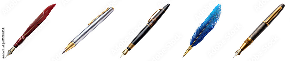 Naklejka premium Assorted Writing Instruments with Quill Pen and Modern Pens, PNG bundle collection, Isolated on Transparent Background