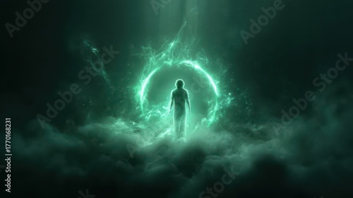 Surreal glowing green aura surrounding a figure abstract realm digital art ethereal environment mystical viewpoint