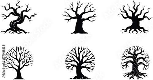 Creepy twisted dead tree silhouette collection, spooky haunted forest barren branches horror nature vector set for Halloween design
