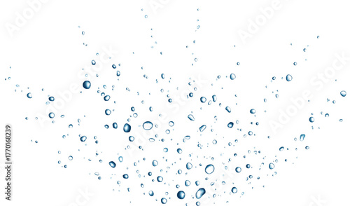 Blue water bubbles and drops splash crown.