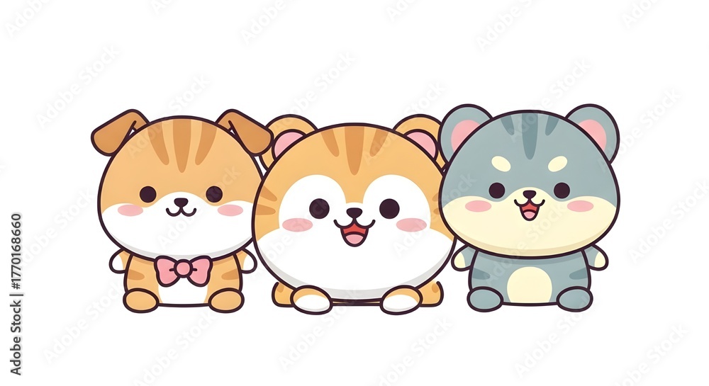 Naklejka premium Cute and playful kawaii-style animals illustrated with soft pastel colors and expressive features, perfect for children’s books, greeting cards, stickers and digital graphics.
