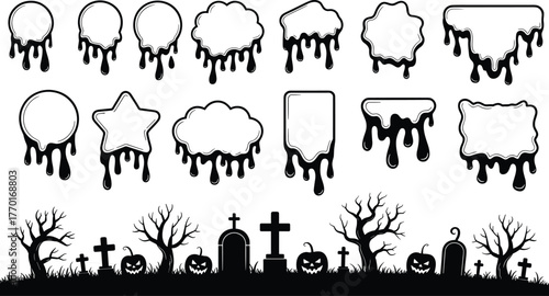 Halloween creepy frame set with dripping slime labels and haunted graveyard silhouette scene, spooky horror banner vector collection