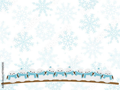 みんなでぬくぬくシマエナガ団子と雪の結晶の背景