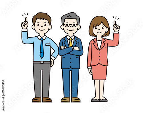 上に向かって指さしをする、ビジネスチームの全身ベクターイラスト素材セット＿カラー