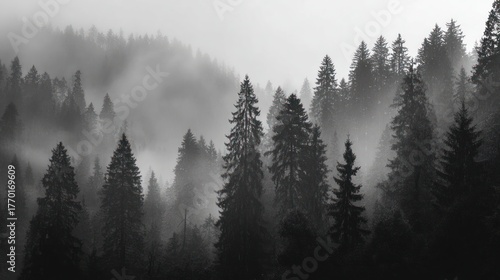 Moody black and white forest scene of shrouded evergreen trees on a mountain slope