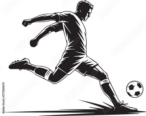 Dynamic vector illustration of a soccer player kicking a ball with motion blur effect on a dark background