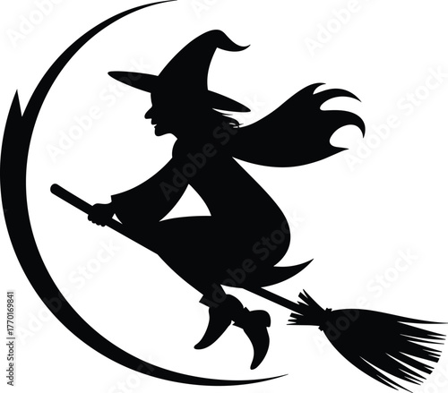 Silhouette flying witch on broomstick with crescent moon magical Halloween night fantasy horror illustration for spooky seasonal design