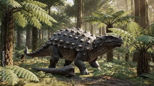 Armored ankylosaurus dinosaur walking through a prehistoric forest