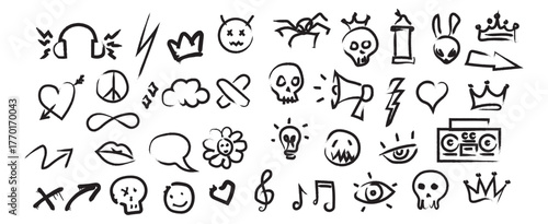 hand drawn doodles, Set of graffiti spray paint icons. Grunge and dirty decoration design elements for banner, flyer, cards, poster, collages and ads, doodle icons including skulls hearts crowns
