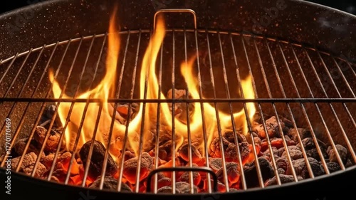 Grill with glowing coals and bright orange flames