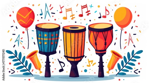 Colorful Illustration of Drums and Musical Elements Celebrating Joyful Festival Atmosphere with Vibrant Balloons and Notes