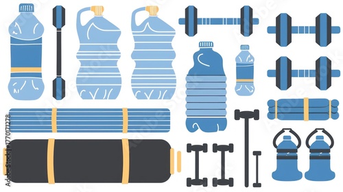 Collection of Fitness Equipment and Water Bottles for Health and Exercise Activities in Stylish Illustration Design