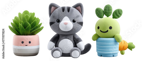 Cute plush toys featuring a cat, a plant, and a smiling character, arranged on a bright background