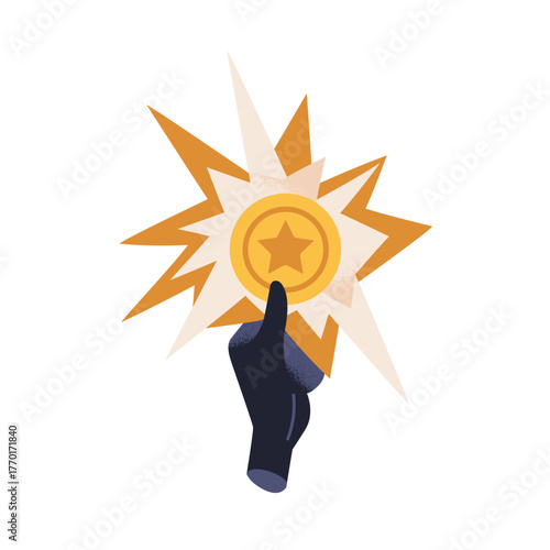 Golden star, reward in hand. Achievement, success and victory symbol. Holding...