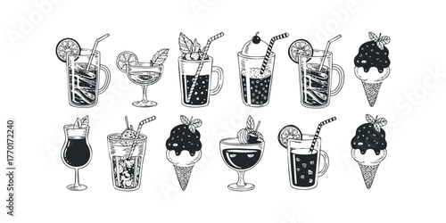 Collection of Hand Drawn Refreshing Drinks and Ice Cream Cones