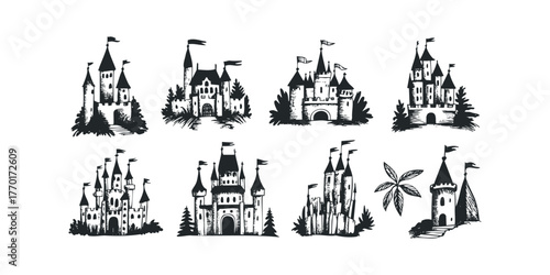 Collection of Hand Drawn Castle Silhouettes with Flags