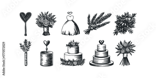 Collection of wedding elements in sketch style