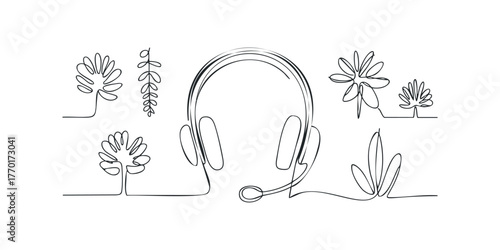 Minimalist Line Drawing of Headphones Surrounded by Abstract Floral Shapes