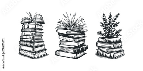 Three stacks of old books with open pages and a plant