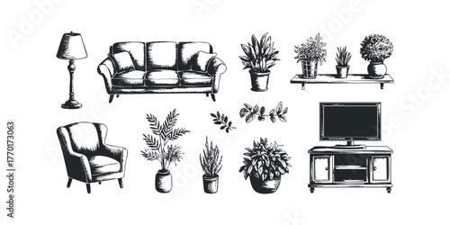 Sketch of living room furniture and potted plants