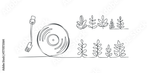 Single line drawing of vinyl record with playful plant stems