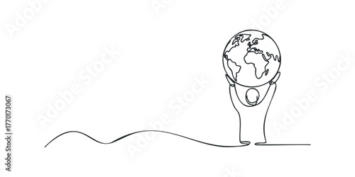Person holding globe above head with continuous line drawing