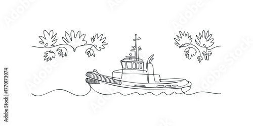 Tugboat sailing on choppy water with stylized foliage