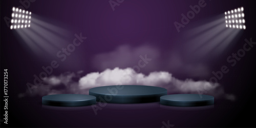Template with 3d display podium for products presentation, promotion, Black friday Sale. Realistic circular pedestals illuminated by spotlights, dark purple background with fog. Vector illustration