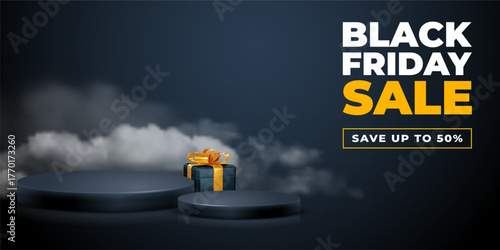 Template with 3d display podium for products presentation, promotion, Black Friday Sale. Realistic circular pedestals gift box with bow, black background with fog. Vector illustration