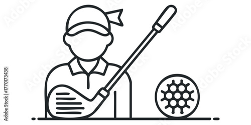 Golfer in Hat Holding Club Next to Golf Ball Icon