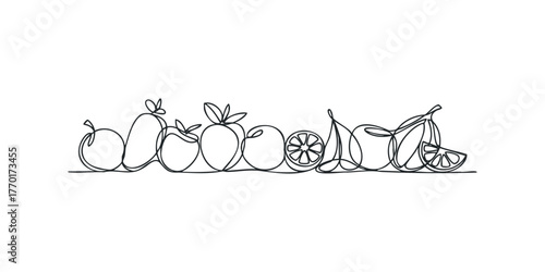 Continuous line drawing of various fruits on a white background