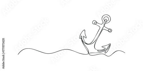 Anchor marine object drawn with single line on water surface