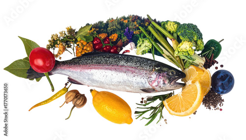 Fresh fish surrounded by vibrant fruits and vegetables