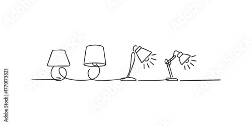 Collection of four desk lamps drawn in minimalist line style